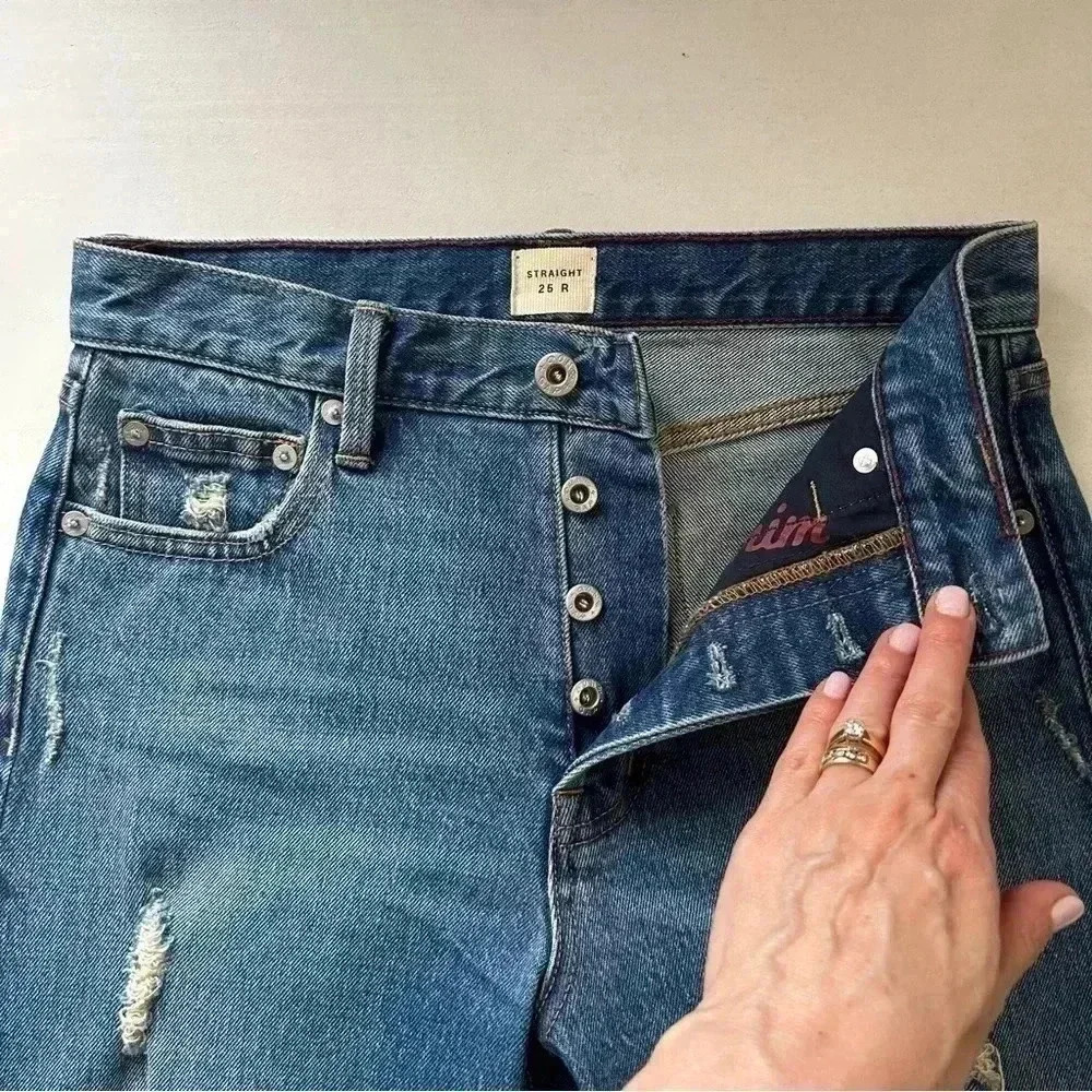 GAP High Waisted Straight Leg Jeans Cone Denim Distressed Blue Size 25 - Picture 11 of 15
